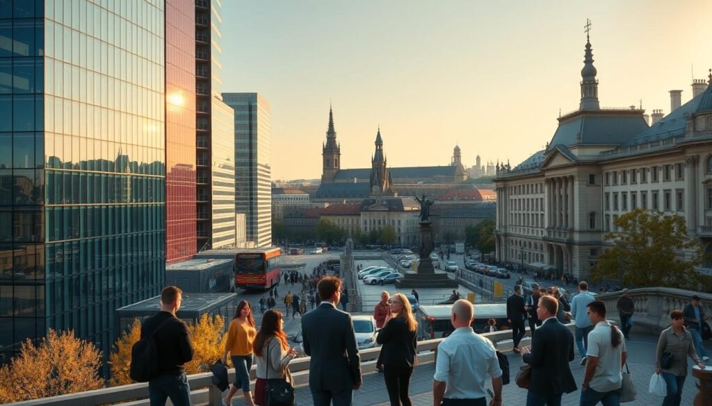 A bustling European cityscape with modern glass skyscrapers and innovative tech hubs in the foreground, bathed in a warm afternoon glow. In the middle ground, vibrant entrepreneurs and businesspeople engage in animated discussions, hinting at disruptive business models reshaping the economic landscape. In the background, historic architecture and landmarks provide a timeless contrast, symbolizing the fusion of tradition and innovation. The entire scene is captured with a cinematic, wide-angle lens, conveying a sense of dynamism, progress, and the transformative power of disruptive innovation in Europe.
