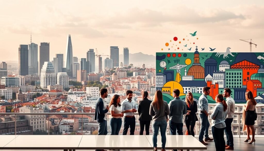 A bustling city skyline in Portugal, with modern high-rise buildings and historic landmarks blending seamlessly. In the foreground, a group of entrepreneurs engaged in animated discussions, exchanging ideas and strategies. The middle ground features a sleek, minimalist office space, with creative teams collaborating on innovative projects. The background is a vibrant, colorful mural depicting the spirit of entrepreneurship and the drive for sustainable growth. Soft, directional lighting creates a warm, inviting atmosphere, highlighting the dynamic, forward-thinking nature of Portugal's business landscape.