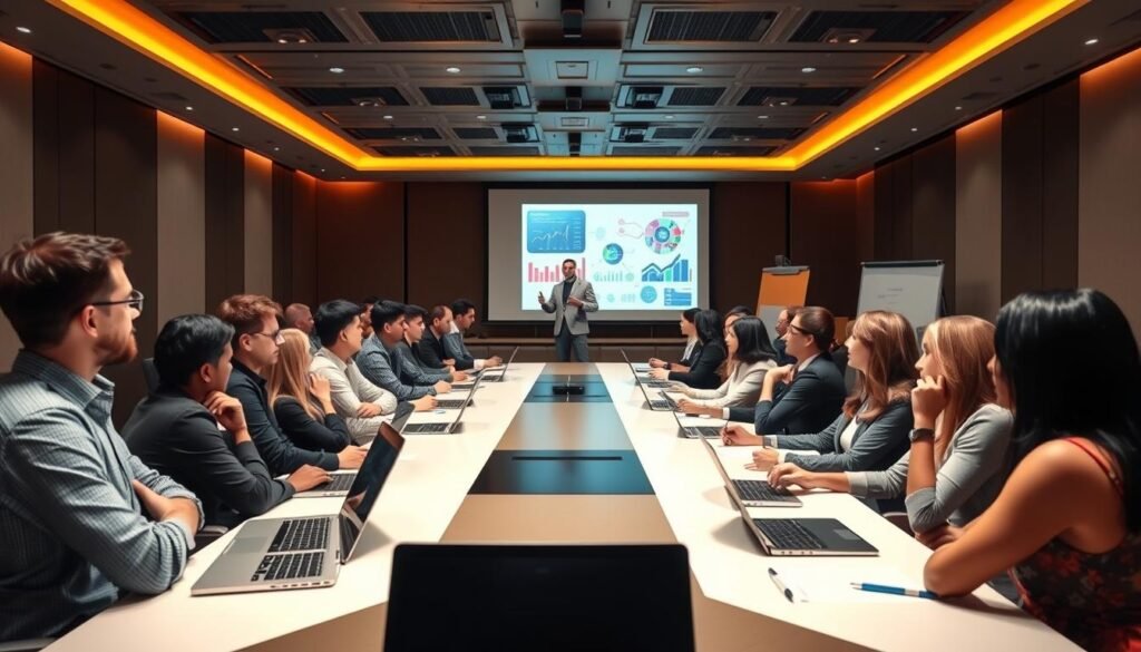 A bustling conference room, illuminated by warm, focused lighting, showcases a dynamic business training session. In the foreground, a confident presenter gestures animatedly, engaging a diverse audience immersed in the content. The middle ground features a sleek, modern table arrangement, with laptops, notepads, and pens, suggesting an atmosphere of productivity and collaboration. In the background, a large projection screen displays vibrant infographics and data visualizations, underscoring the technical and analytical aspects of the training. The overall scene conveys a sense of professionalism, innovation, and a drive for competitiveness in the 21st century business landscape.