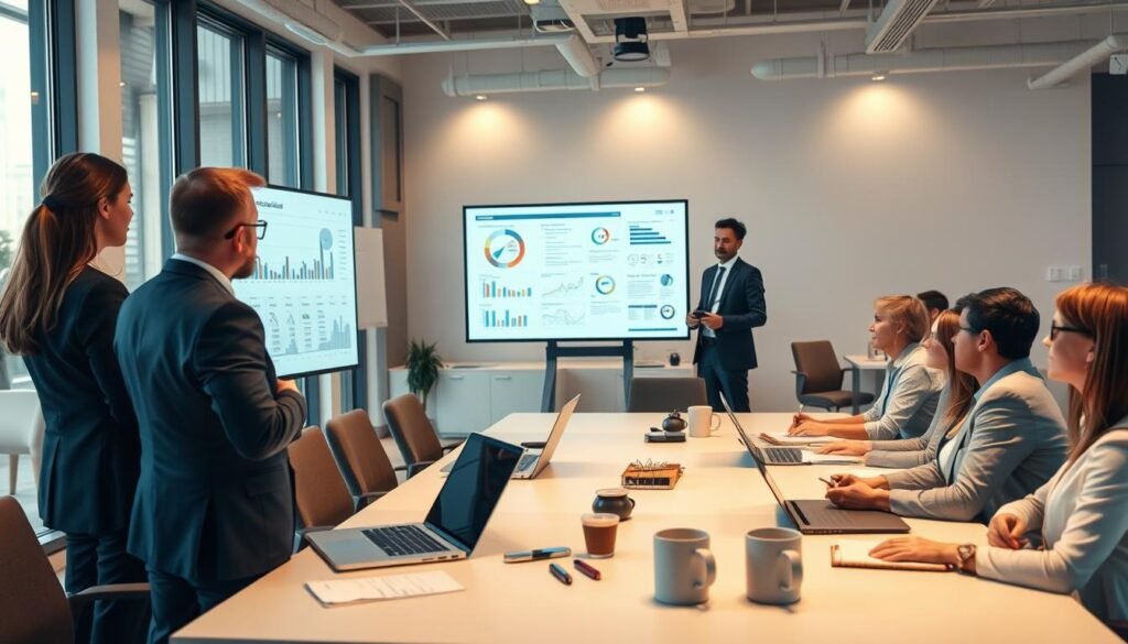 A bustling corporate office, with professionals in business attire gathered around a conference table, engaged in an animated discussion. The lighting is warm and inviting, with a soft glow emanating from the windows. In the foreground, a consultant stands, presenting detailed charts and graphs on a large display screen, guiding the team through process improvement strategies. The middle ground features a mix of laptop computers, notepads, and coffee mugs, conveying a sense of collaborative problem-solving. The background showcases a modern, minimalist decor, with sleek furniture and a clean, organized workspace, reflecting the company's commitment to operational excellence.
