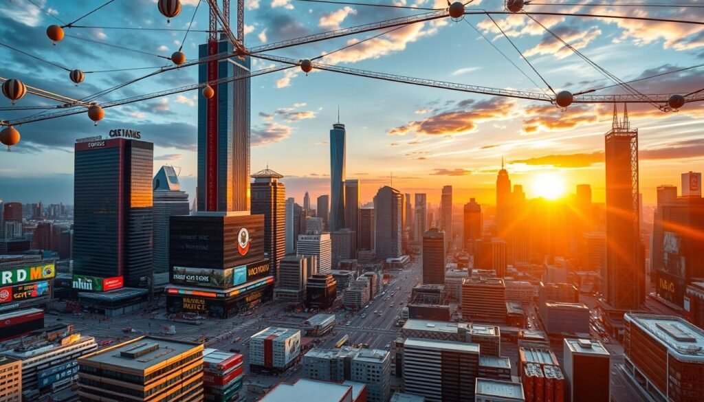 A bustling global marketplace, showcasing the interconnectedness of modern business. In the foreground, a diverse array of corporate logos and symbols representing the competitive landscape. The middle ground features towering skyscrapers and bustling cityscapes, conveying the sense of a dynamic, ever-changing business environment. In the background, a vibrant sunset casts a warm, golden glow, symbolizing the potential for growth and opportunity amidst the challenges of global competition. The scene is captured with a cinematic, wide-angle lens, emphasizing the grand scale and scope of the global competitive arena.