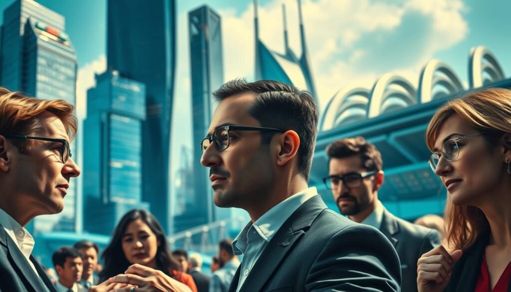 A bustling global marketplace, with towering skyscrapers and sleek, futuristic architecture in the background. In the foreground, a diverse group of businesspeople engaged in intense negotiations, their faces etched with determination. The lighting is sharp and directional, casting dramatic shadows that convey a sense of competitiveness and high-stakes decision-making. The color palette is a vibrant mix of blues, grays, and metallic accents, reflecting the cutting-edge, technology-driven nature of the global economy. The overall atmosphere is one of energy, innovation, and the relentless pursuit of success in an increasingly interconnected world.