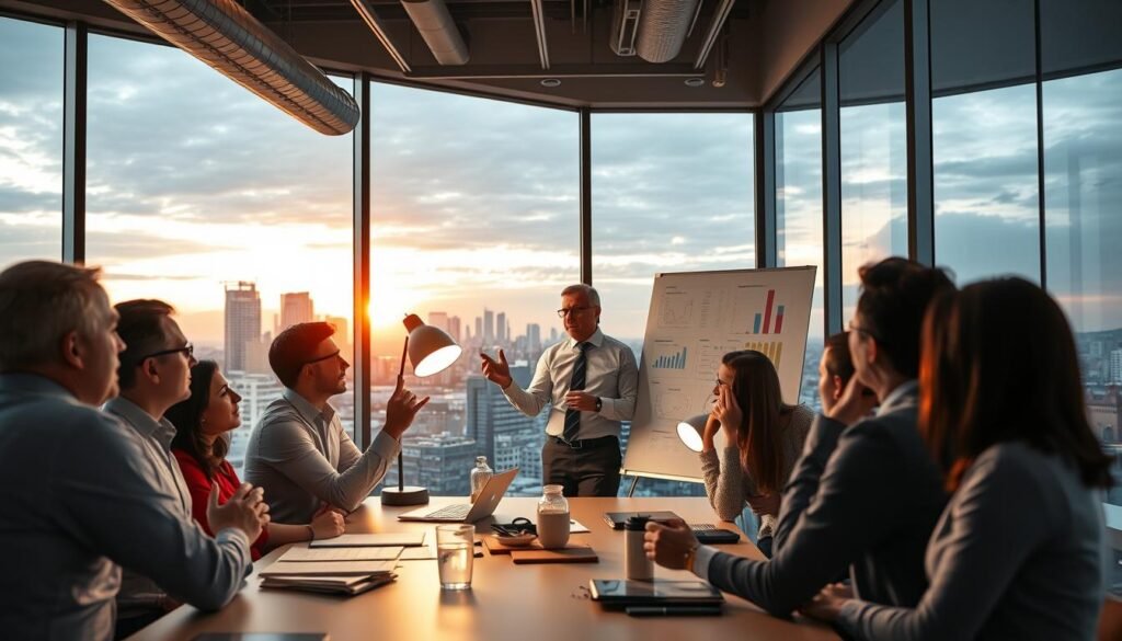 A bustling office scene, with a team of business consultants collaborating around a table. In the foreground, a group of professionals engaged in an animated discussion, gesturing towards a large whiteboard displaying various charts and graphs. The middle ground features a senior consultant, standing and presenting data insights to the team, their face illuminated by the warm glow of a desk lamp. In the background, floor-to-ceiling windows offer a panoramic view of a vibrant city skyline, the setting sun casting a soft, golden light across the space. The overall atmosphere conveys a sense of strategic planning, problem-solving, and a shared commitment to driving business growth and success.