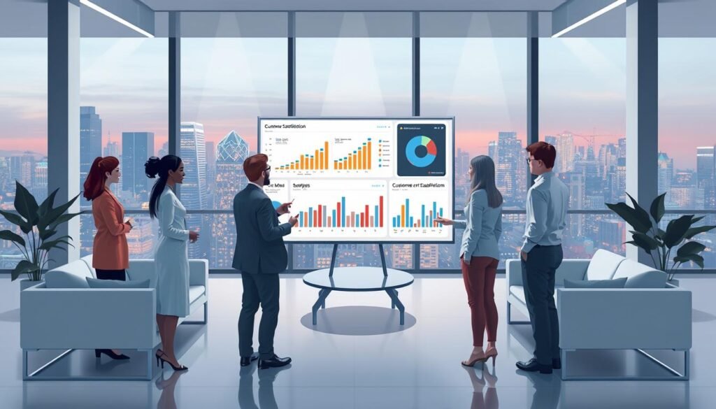 A contemporary, digital illustration of the concept of "customer satisfaction measurement and leadership". In the foreground, a group of diverse, professional-looking people discussing metrics and analytics on a large, interactive dashboard. The middle ground features a sleek, minimalist office environment with modern furniture and floor-to-ceiling windows overlooking a vibrant cityscape in the background. The lighting is soft and directional, creating depth and highlighting the key elements. The overall mood is one of focus, collaboration, and a sense of forward momentum in driving customer-centric business decisions.
