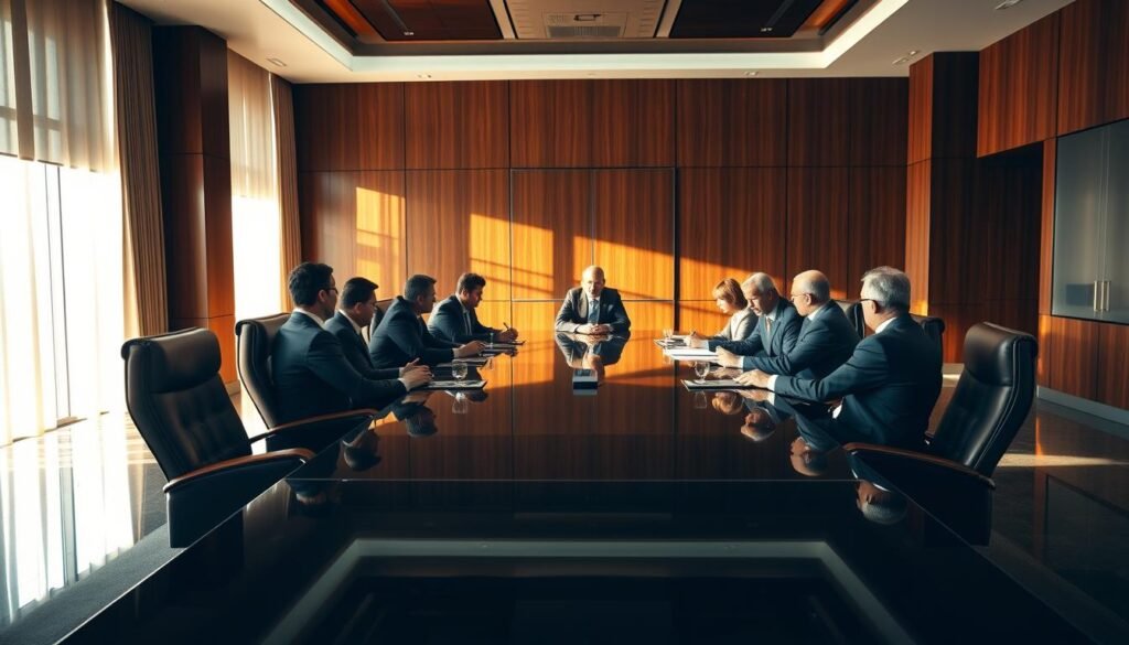 A corporate boardroom with a large, glossy table surrounded by plush leather chairs. Sunlight streams in through tall windows, casting a warm glow on the mahogany paneled walls. At the head of the table, a group of business executives engaged in a heated yet professional discussion, their body language conveying a sense of strategy, competitiveness, and strong leadership. The atmosphere is one of innovation, with a sleek, modern aesthetic complementing the traditional elements. The lighting is dramatic, creating deep shadows and highlights that emphasize the gravity of the conversation. The overall scene exudes an air of success, progress, and a company on the cusp of greatness.