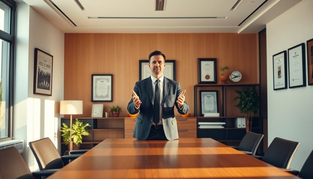 A cozy, modern office setting with a sleek, minimalist design. In the foreground, a confident, well-dressed executive stands at the head of a conference table, gesturing emphatically while leading a meeting. The walls are adorned with framed certificates and awards, conveying a sense of professionalism and quality-driven leadership. Warm, natural lighting filters in through large windows, creating a serene and productive atmosphere. The overall scene exudes an air of efficient, high-caliber management and a strong commitment to excellence.