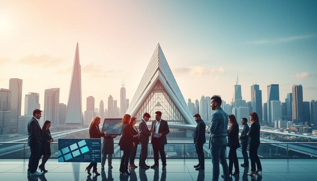 A dynamic and innovative corporate strategy unfolds across a sleek, modern landscape. In the foreground, a team of professionals collaborate, their focused expressions mirroring the digital displays that surround them. The middle ground features a striking architectural element, its geometric forms and clean lines symbolizing the elegance of strategic planning. In the background, a cityscape of towering glass and steel structures suggests a thriving, technologically-advanced environment. Soft, warm lighting casts an aura of professionalism and inspiration, while a subtle color palette of blues, grays, and subtle metallics conveys a sense of efficiency and forward-thinking. The overall composition exudes a harmonious balance of creativity, collaboration, and cutting-edge business acumen.