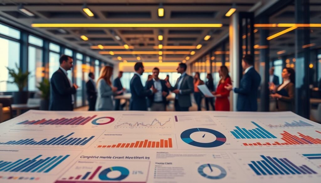 A dynamic and vibrant market analysis scene, showcasing the interplay of competitiveness and certification. In the foreground, a compilation of business charts, graphs, and data visualizations, conveying the analytical insights essential for navigating the competitive landscape. The middle ground features a team of professionals engaged in lively discussions, strategizing and evaluating market trends. In the background, a sleek, modern office environment with floor-to-ceiling windows, bathed in warm, diffused lighting that creates a sense of professionalism and authority. The overall atmosphere exudes a harmonious blend of precision, collaboration, and the pursuit of excellence in the marketplace.