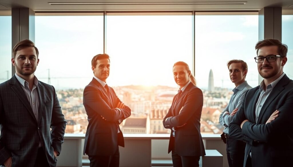 A dynamic corporate workspace with a Portuguese flair. In the foreground, confident business leaders stand poised, their gazes fixed on the future. Mid-ground, a sleek, modern office interior with floor-to-ceiling windows offering a panoramic view of the Lisbon cityscape. The lighting is crisp and professional, casting a warm glow across the scene. In the background, the iconic landmarks of Portugal's capital city rise up, symbolizing the nation's proud heritage and innovative spirit. The overall atmosphere conveys a sense of competitive drive, strategic vision, and unwavering determination to succeed in the Portuguese market.