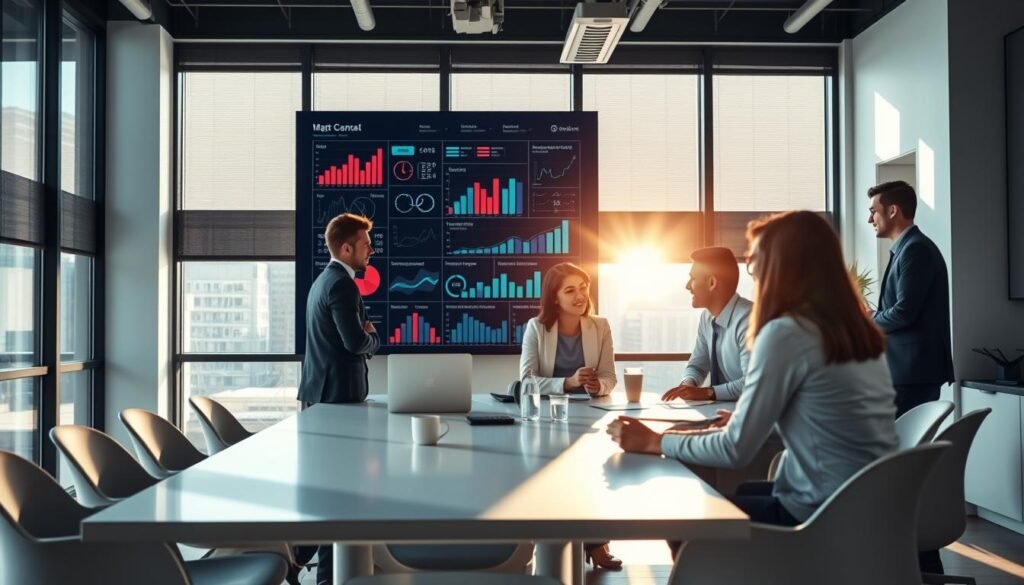 A dynamic, modern office setting with a focus on efficient management practices. In the foreground, a team of professionals collaborating around a sleek conference table, engaged in a lively discussion. Sunlight streams in through large windows, creating a warm, productive atmosphere. In the middle ground, a digital display board showcases key performance indicators and metrics, highlighting the data-driven approach to decision-making. The background features minimalist decor and clean lines, symbolizing the streamlined, disciplined nature of the organization. The overall scene conveys a sense of professionalism, innovation, and a commitment to excellence in business management. A dynamic, modern office setting with a focus on efficient management practices. In the foreground, a team of professionals collaborating around a sleek conference table, engaged in a lively discussion. Sunlight streams in through large windows, creating a warm, productive atmosphere. In the middle ground, a digital display board showcases key performance indicators and metrics, highlighting the data-driven approach to decision-making. The background features minimalist decor and clean lines, symbolizing the streamlined, disciplined nature of the organization. The overall scene conveys a sense of professionalism, innovation, and a commitment to excellence in business management.