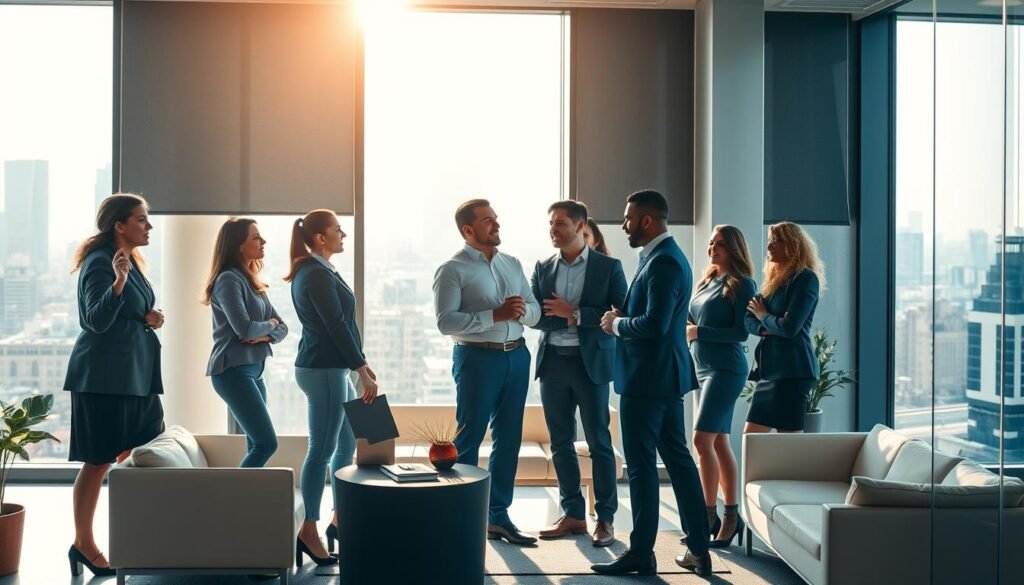 A dynamic team of business leaders standing confidently on a modern office setting, bathed in warm natural lighting streaming through large windows. In the foreground, a diverse group of professionals engage in animated discussions, their body language reflecting decisive, collaborative leadership. The middle ground features sleek, minimalist furniture and decor, creating a professional yet innovative atmosphere. In the background, the cityscape beyond the windows suggests a thriving, rapidly evolving urban environment, symbolizing the challenges and opportunities of organizational change. An aura of purposeful determination permeates the scene, encapsulating the essence of effective leadership during transformative times.