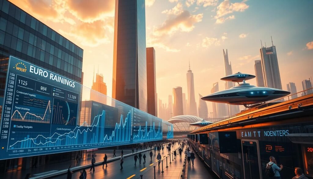 A futuristic cityscape with a towering, hypermodern building at the center, its sleek glass facade reflecting the sky. In the foreground, holographic displays showcase dynamic data visualizations, charting the rise of the Euro Rankings system. The middle ground features busy pedestrians, their paths illuminated by neon-tinged lighting. In the background, a sprawling technological landscape, with gleaming skyscrapers and hovering transport modules. Warm, golden hues bathe the scene, conveying a sense of progress and innovation. The overall impression is one of a thriving, technologically-advanced future, where the Euro Rankings system has become an integral part of the urban landscape.