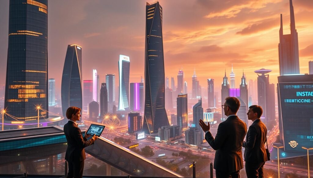 A futuristic cityscape with towering skyscrapers and sleek, innovative architectural designs. In the foreground, a group of business professionals dressed in modern attire, engaged in a dynamic discussion, gesturing animatedly. The middle ground features a bustling urban landscape with autonomous vehicles, holograms, and various technological advancements. The background showcases a vibrant, neon-lit skyline, reflecting the vibrant and progressive nature of the business landscape. The scene is bathed in a warm, golden glow, creating a sense of optimism and forward-thinking. The lighting is soft and diffused, with highlights accentuating the futuristic elements. The overall composition conveys a vision of innovation, entrepreneurship, and the evolution of the business world.