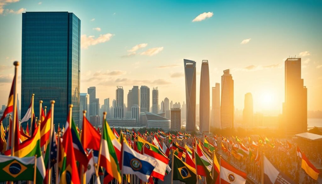 A global marketplace teeming with determination, a vibrant scene of international competition. In the foreground, a cluster of flags - diverse emblems representing the interconnected world of trade and commerce. In the middle ground, a dynamic assembly of corporate icons, symbols of industry and innovation locked in a spirited rivalry. The background unfolds with a panoramic view of towering skyscrapers, their sleek facades reflecting the relentless drive for success in the global arena. Warm, golden light bathes the entire composition, evoking a sense of opportunity and the thrill of overcoming challenges. This is the essence of "competitividade" - a high-stakes game where only the most adaptable and resourceful prevail.