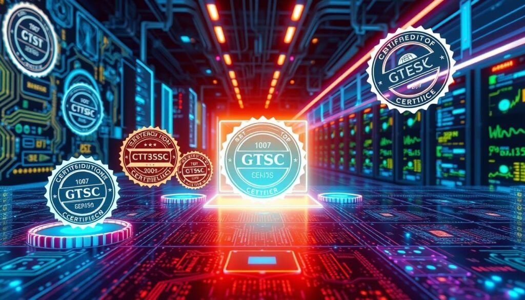 A high-tech certification process unfolds, captured in a stylized digital illustration. In the foreground, gleaming certification seals and stamps float against a backdrop of intricate circuit boards and data visualizations. The middle ground features holographic displays showcasing various certification milestones, while the distant background is alive with the pulsing energy of servers and coding terminals. Bathed in cool, neon-tinged lighting, the scene conveys a sense of precision, rigor and the meticulous validation of technological excellence.