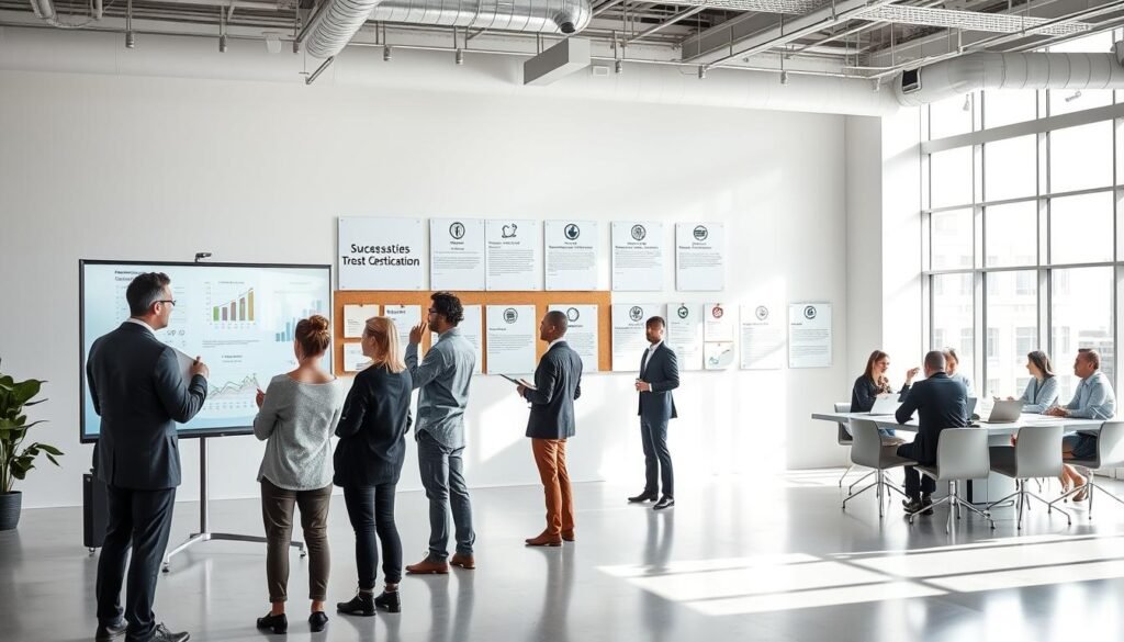 A large, modern office space with an open floor plan, filled with natural light streaming through large windows. In the foreground, a group of professionals engaged in a collaborative discussion, gesturing animatedly while reviewing documents and charts displayed on a sleek, interactive whiteboard. The middle ground features a series of success stories pinned to a corkboard, each one accompanied by a company logo and a brief description. In the background, a team of consultants in business attire are gathered around a conference table, deep in conversation. The overall atmosphere conveys a sense of progress, innovation, and the successful transformation of enterprises through quality certification.
