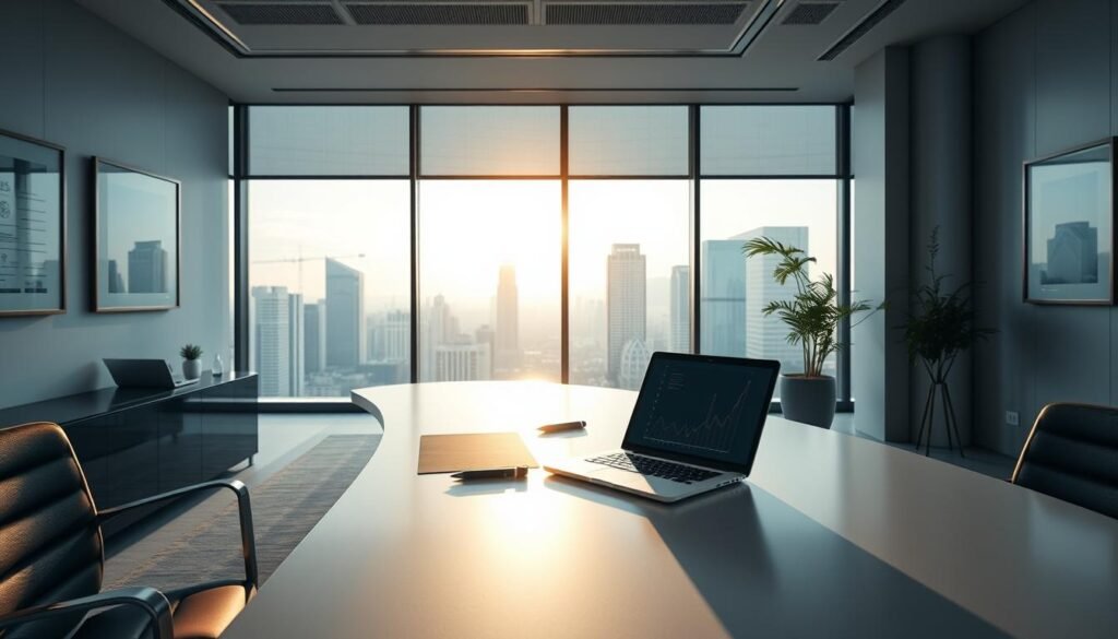A modern and sleek office interior featuring a large curved desk with a laptop, a pen, and a professional-looking graph or chart displayed on the screen. The desk is situated in front of a large window overlooking a cityscape, with the sun casting a warm, natural light throughout the space. The walls are adorned with minimalist art or framed certificates, suggesting a focus on innovation, quality, and continuous improvement. The overall atmosphere conveys a sense of productivity, excellence, and a commitment to providing accurate and reliable metrics and compliance assessments.