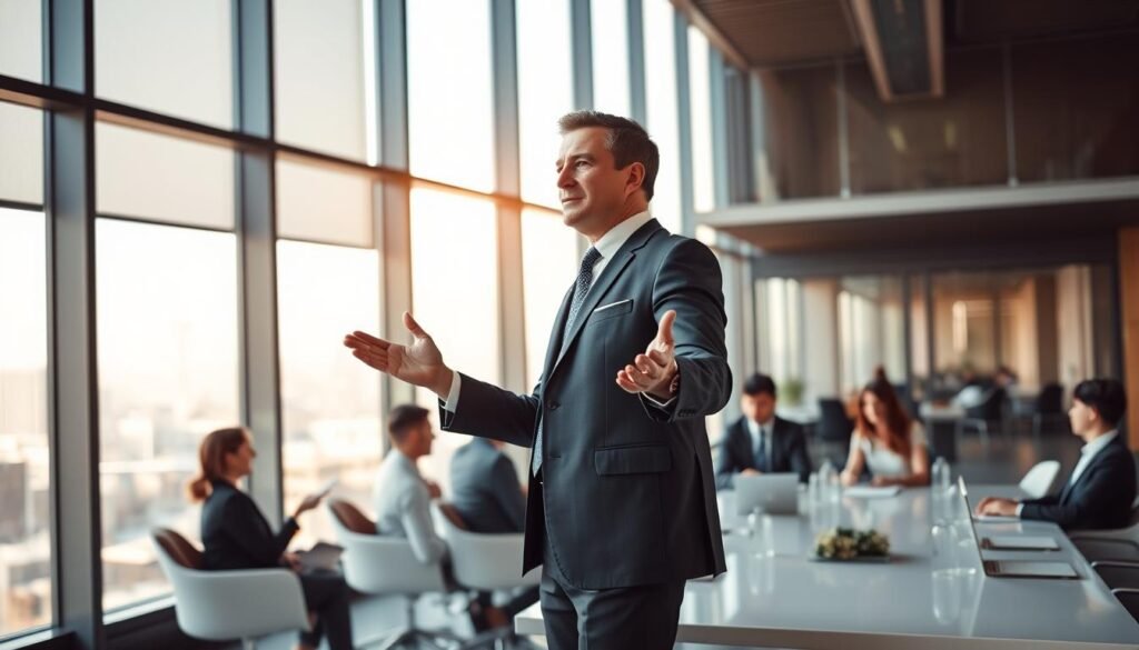 A modern and sleek office interior, filled with natural light streaming through large windows. In the foreground, a confident, well-dressed business leader stands at the head of a long conference table, gesturing emphatically as they address a group of attentive executives. The middle ground showcases a team of professionals engaged in collaborative discussions, their body language conveying a sense of organizational cohesion and strategic alignment. The background depicts a cityscape view, hinting at the broader context and success of this organization. The lighting is warm and balanced, creating a professional yet approachable atmosphere. The overall scene radiates a sense of organizational leadership, strategic vision, and operational excellence.