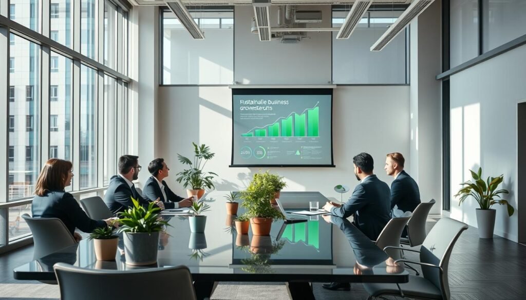 A modern and sleek office interior, flooded with natural light from large windows. In the foreground, a team of professionals in business attire sits around a polished conference table, engaged in a collaborative discussion on sustainable business practices. The middle ground features strategically placed potted plants and minimalist decor, reflecting an eco-friendly aesthetic. In the background, a projection screen displays infographics and data visualizations highlighting sustainable growth metrics. The overall mood is one of innovation, professionalism, and a commitment to environmental responsibility.