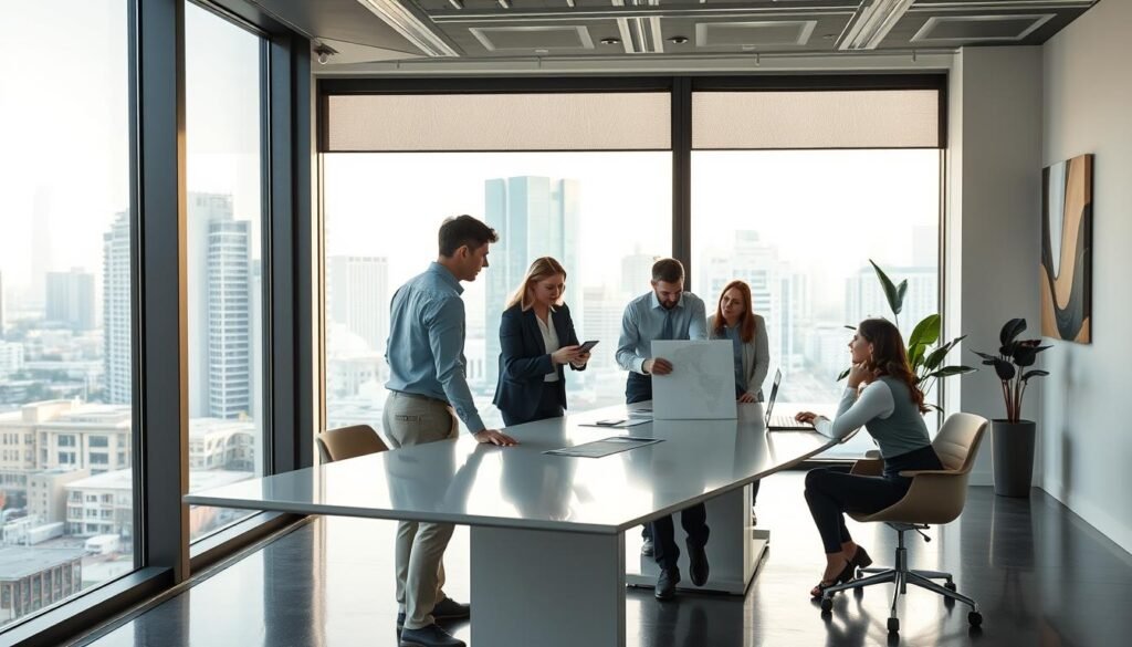 A modern business office with floor-to-ceiling windows overlooking a vibrant cityscape. In the foreground, a team of professionals in smart casual attire collaborating around a sleek conference table, their body language animated as they discuss innovative strategies. Soft, indirect lighting casts a warm glow, creating an atmosphere of productive energy and creative problem-solving. In the background, minimalist yet elegant decor reflects a culture of excellence, with abstract artworks and plants adding pops of color. An overall sense of dynamism, collaboration, and forward-thinking pervades the scene, embodying the concept of "Consultoria para fomentar inovação e excelência empresarial".