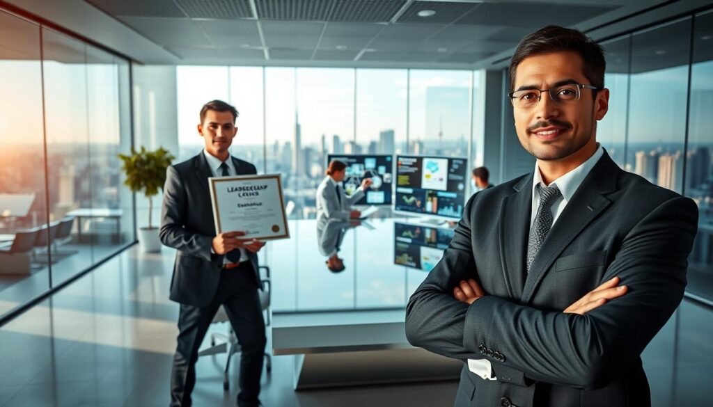 A modern corporate office setting, showcasing the principles of "gestão liderança certificação". In the foreground, a well-dressed executive standing confidently, holding a certificate symbolizing their leadership and management expertise. The middle ground features a team of professionals collaborating around a sleek conference table, digital screens displaying strategic plans and performance metrics. The background depicts a panoramic cityscape, highlighting the organization's innovative and competitive edge. Soft, directional lighting illuminates the scene, creating a sense of professionalism and success. The overall atmosphere conveys a progressive, technology-driven enterprise striving for excellence.