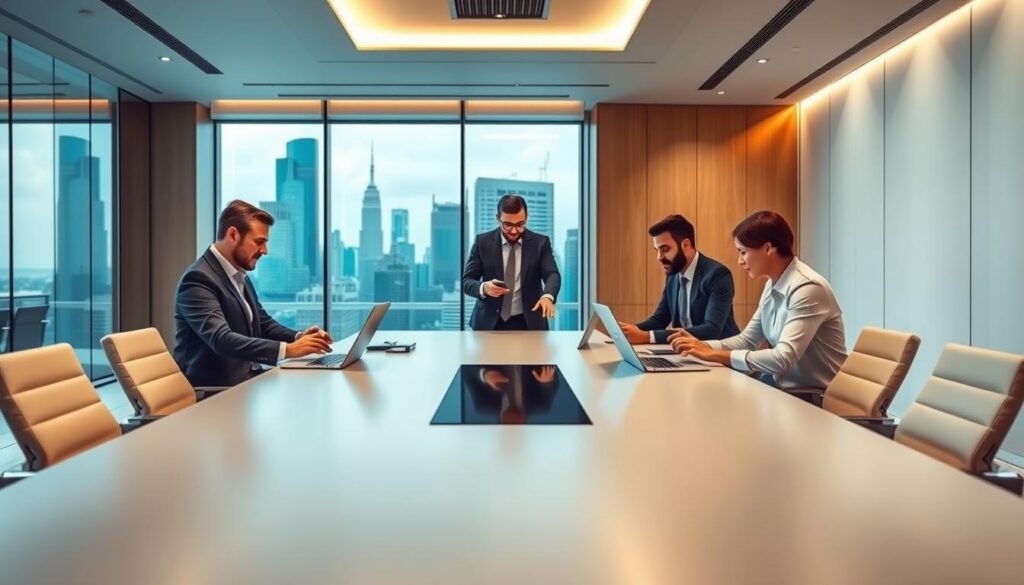 A modern corporate office setting with a large, sleek conference table in the foreground. Business leaders and entrepreneurs collaborate around the table, utilizing a variety of digital tools and devices - laptops, tablets, smartphones. The middleground features a panoramic city skyline visible through floor-to-ceiling windows, conveying a sense of urban dynamism and progress. The background showcases a minimalist, high-tech aesthetic with clean lines, neutral tones, and subtle accent lighting that accentuates the technological atmosphere. An atmosphere of focused, innovative leadership pervades the scene, reflecting the theme of "Digital Tools for Improved Competitiveness".