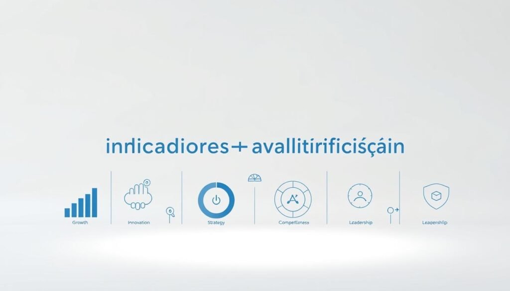A modern, minimalist corporate infographic depicting "indicadores-avaliação-certificação" against a neutral background. In the foreground, a series of clean, geometric icons and data visualizations representing metrics like growth, innovation, strategy, competitiveness, and leadership. The middle ground features subtle, muted tones of blue, gray, and white, creating a professional, polished atmosphere. In the background, a subtle grid pattern or low-poly textures add depth and visual interest without distracting from the central information. Bright, balanced lighting illuminates the scene, emphasizing clarity and precision. The overall composition conveys a sense of analytical rigor, strategic planning, and organizational excellence.