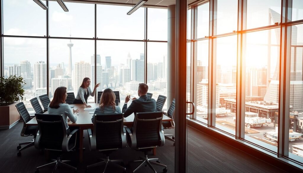 A modern office interior with a glass-walled conference room in the foreground. The room is filled with natural light and features a large wooden table surrounded by ergonomic chairs. In the middle ground, a group of professionals are engaged in a lively discussion, gesturing animatedly as they collaborate. The background showcases a panoramic view of a bustling city skyline, symbolizing the broader business environment. The overall atmosphere conveys a sense of professionalism, transparency, and effective leadership in a certified setting.