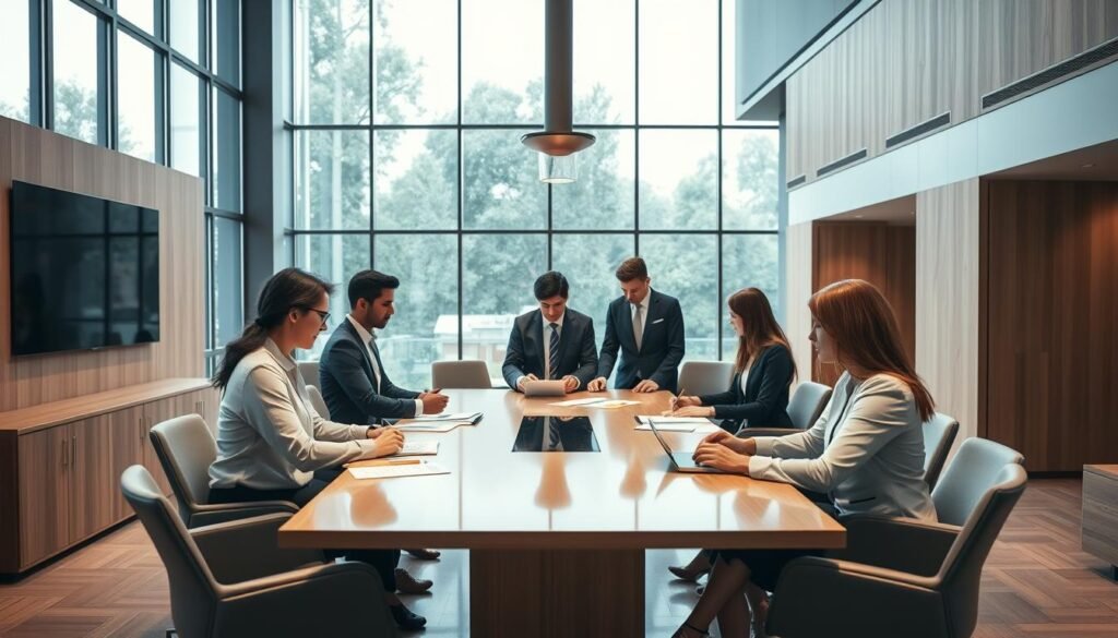 A modern, sleek corporate office interior with a central focus on a team of business professionals engaged in collaborative leadership and quality management discussions. The scene features an open-concept workspace with large windows allowing natural light to flood the space. Warm wood tones and muted gray accents create a sophisticated, minimalist aesthetic. The team, dressed in formal business attire, is gathered around a long conference table, intently reviewing documents and digital displays. Subtle yet impactful lighting casts a professional glow, emphasizing the importance of the meeting. An air of focus, determination, and strategic planning permeates the room, reflecting the essence of "gestão-qualidade-liderança" (management, quality, leadership).