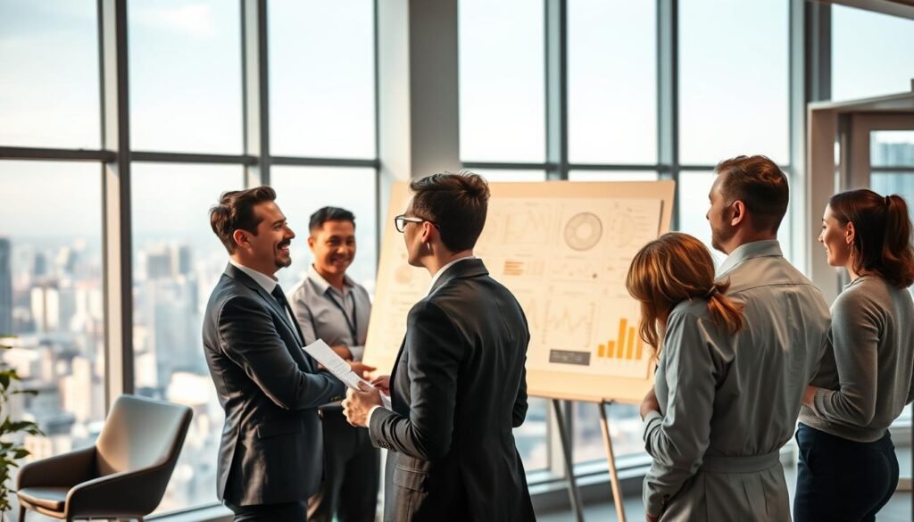 A modern, sophisticated office space with a sleek, minimalist design. In the foreground, a group of business professionals engaged in a lively discussion, their expressions reflecting deep concentration and collaboration. Warm, directional lighting illuminates the scene, casting soft shadows and highlighting the details of their attire and the materials they're reviewing. In the middle ground, a large whiteboard displays intricate diagrams and charts, suggesting an active process of strategic planning and problem-solving. The background features floor-to-ceiling windows, offering a panoramic view of a bustling city skyline, symbolizing the dynamic and global nature of the business environment. The overall atmosphere conveys a sense of progress, innovation, and the pursuit of competitive advantage.