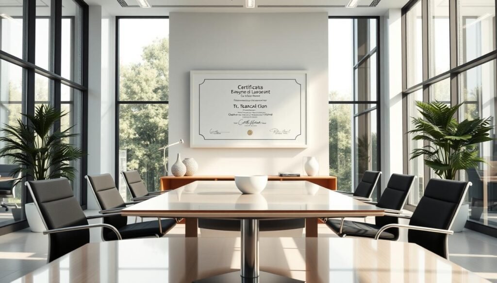 A modern, well-organized office interior with clean lines and a professional atmosphere. In the foreground, a boardroom table with stylish chairs, reflecting the theme of quality management and strategic leadership. The middle ground features a large, wall-mounted certification or award, surrounded by minimalist decor that conveys a sense of achievement and success. The background showcases floor-to-ceiling windows, allowing natural light to flood the space and create a bright, airy ambiance. The overall scene exudes a feeling of efficiency, innovation, and a dedication to excellence, embodying the core concepts of "Estratégias de Gestão e Liderança na Certificação".