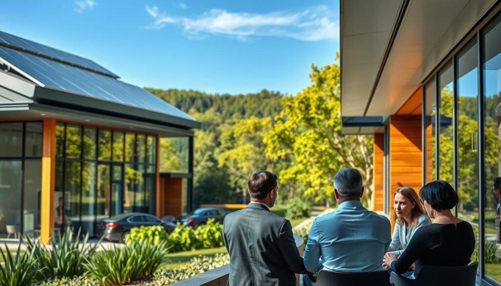 A panoramic view of a modern office building with sleek, sustainable architecture. The exterior is made of glass, wood, and steel, with solar panels covering the roof. In the foreground, a team of business professionals engages in a meeting, discussing strategies for corporate social responsibility and environmental sustainability. The lighting is natural, with soft, indirect illumination from the large windows. The atmosphere conveys a sense of collaboration, innovation, and a commitment to a greener future. In the background, a lush, verdant landscape with trees and a clear blue sky, symbolizing the harmonious integration of business and nature.