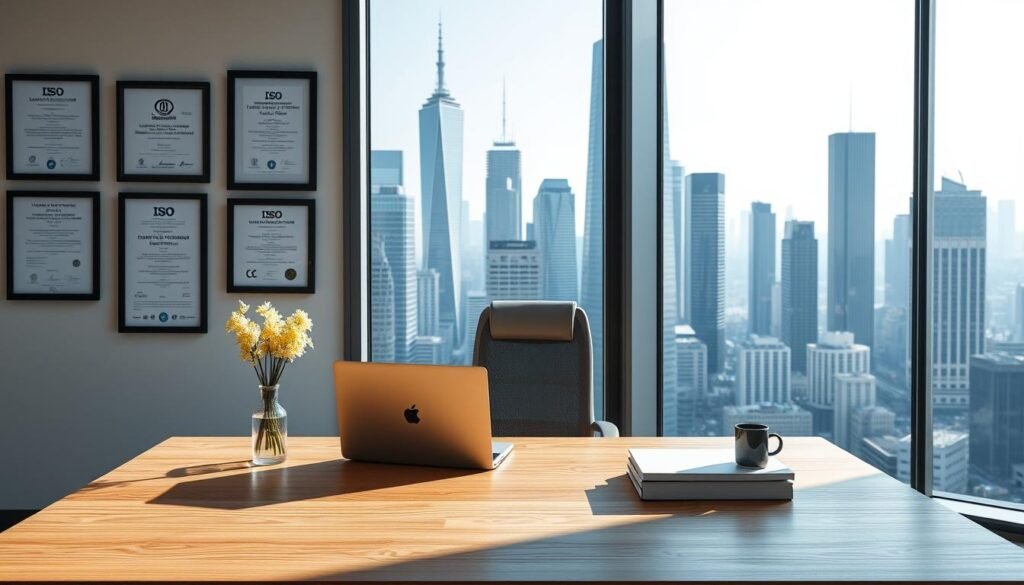 A pristine corporate office setting with a large window overlooking a bustling city skyline. In the foreground, a sleek, minimalist wooden desk holds a laptop, a vase of fresh flowers, and several framed ISO certification documents. Soft, natural light filters in, casting a warm, professional glow. On the walls, hang various international standards awards and accreditations, reflecting the company's commitment to global excellence. In the middle ground, a modern, ergonomic office chair completes the composed, sophisticated atmosphere. The background features the urban landscape outside, with towering skyscrapers and a vibrant, thriving metropolis. The overall scene conveys a sense of productivity, achievement, and adherence to the highest levels of corporate standards and best practices.