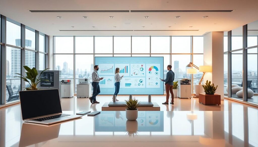 A pristine, modern office interior with large windows overlooking a cityscape. In the foreground, a sleek, minimalist desk holding a high-end laptop, stylish office supplies, and a potted plant. The middle ground features a team of professionals collaborating around a large touchscreen display, illustrating data visualizations and process diagrams. The background showcases an array of cutting-edge technologies, such as 3D printers, robotics, and IoT sensors, all contributing to an atmosphere of continuous innovation and efficiency. Subtle, warm lighting from recessed fixtures and floor lamps creates a productive, yet calming ambiance. The overall scene conveys a harmonious blend of advanced technology and human-centered design, embodying the concept of "Tecnologia e melhoria contínua."