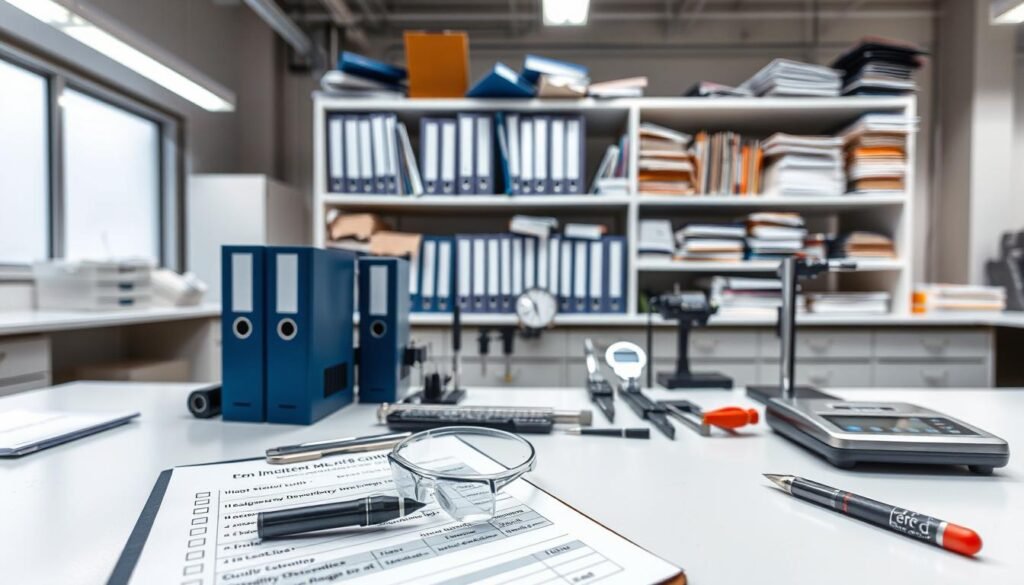 A professional laboratory setting with various quality management tools arranged on a clean, well-lit workbench. In the foreground, a clipboard with quality control checklists, a magnifying glass, and a pair of safety goggles. In the middle ground, an array of precision measuring instruments, including calipers, micrometers, and a digital scale. In the background, shelves filled with neatly organized binders, manuals, and reference materials on best practices for quality improvement. The lighting is bright and evenly distributed, creating a sense of order and attention to detail. The overall atmosphere conveys a focus on continuous improvement and a commitment to delivering high-quality products or services.