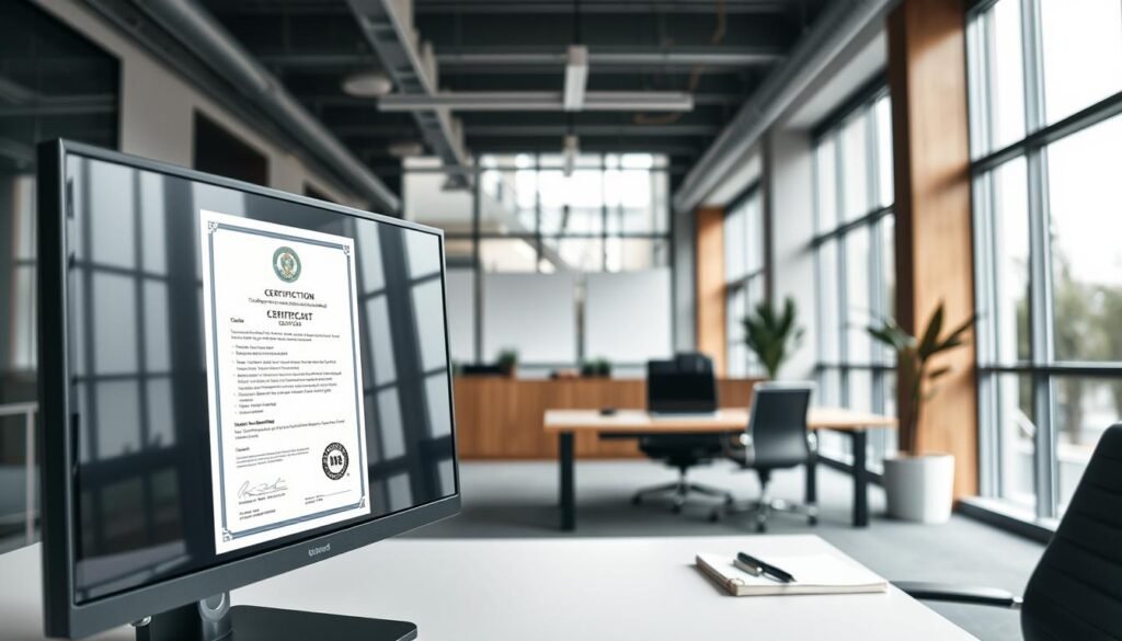 A professional office interior with a clean, modern aesthetic. In the foreground, a large computer monitor displays a quality certification document, its details legible. In the middle ground, an executive desk with a laptop, notepad, and pen, conveying a sense of ongoing business operations. The background features floor-to-ceiling windows, allowing natural light to flood the space and creating a bright, airy atmosphere. Muted tones of gray, white, and wood accents lend an air of sophistication. The overall scene suggests a company that values process improvement, quality standards, and a professional work environment.