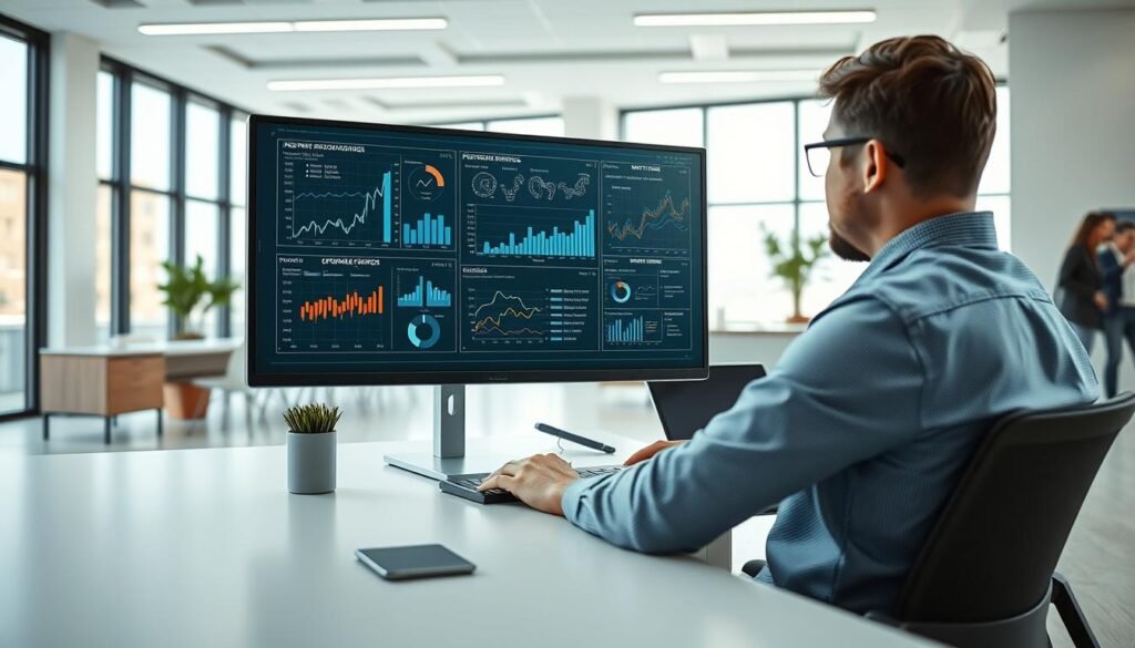 A serene office environment with a businessman analyzing performance metrics on a large, high-resolution display. The foreground features an ergonomic desk setup with a minimalist aesthetic, while the middle ground showcases the central monitor displaying complex charts and graphs. The background consists of a modern, well-lit open-plan office, with clean lines, neutral colors, and subtle natural lighting filtering through large windows. The overall atmosphere conveys a sense of focus, efficiency, and data-driven decision-making, supporting the theme of continuous improvement and business performance management.
