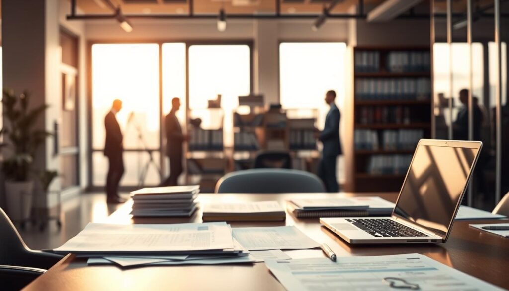 A serene office interior with a focus on corporate evaluation and certification processes. In the foreground, a table displays various documents, certificates, and a laptop, hinting at the administrative work involved. Warm lighting filters through large windows, casting a professional atmosphere. In the middle ground, a bookshelf filled with binders and manuals suggests the importance of record-keeping and adherence to standards. The background features subtle silhouettes of employees, symbolizing the collaborative nature of continuous improvement and certification efforts. The overall scene conveys a sense of diligence, organization, and a commitment to excellence within the enterprise.