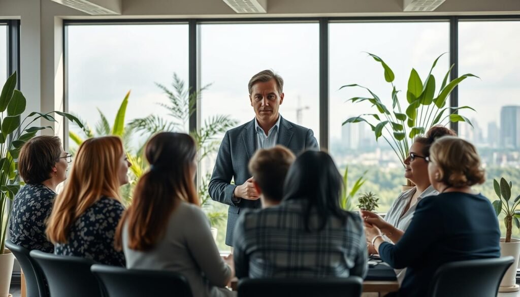 A serene office setting, with natural light filtering through large windows. In the foreground, a team of diverse professionals engaged in a collaborative discussion, their expressions conveying thoughtful deliberation. A central figure, a poised and confident leader, stands tall, guiding the conversation with a calm, yet authoritative demeanor. The middle ground features sustainable office furnishings and decor, reflecting a commitment to eco-friendly practices. In the background, lush greenery and a cityscape skyline symbolize the harmony between business and the environment. The overall mood emanates a sense of sustainable leadership, where innovation, responsibility, and environmental stewardship converge to propel the organization forward.