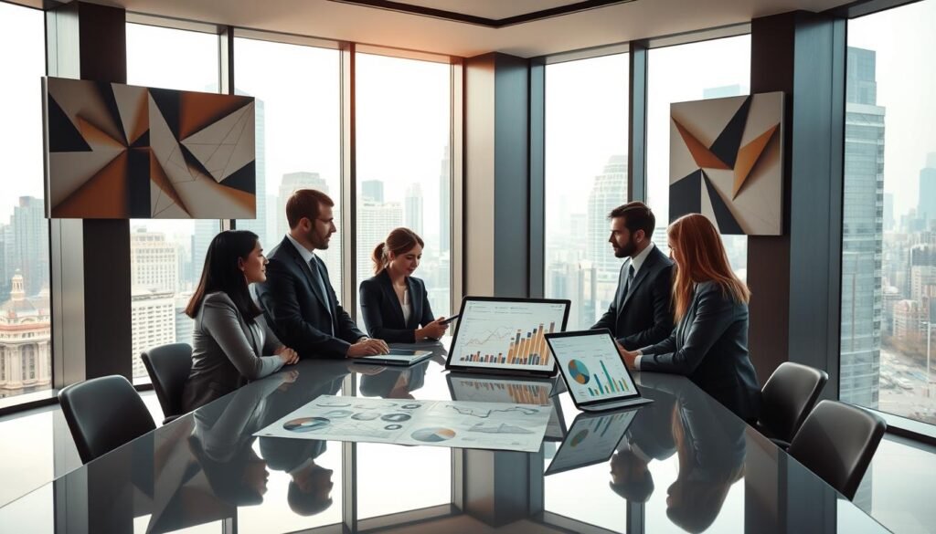 A sleek, modern office interior with large windows overlooking a bustling city skyline. In the foreground, a group of professionals in formal attire gathered around a polished conference table, engaged in a dynamic discussion. On the table, an open laptop and tablet display strategic charts and data visualizations. The walls are adorned with abstract geometric art pieces, conveying a sense of innovation and forward-thinking. Soft, directional lighting casts a warm glow, creating an atmosphere of collaborative professionalism. The overall scene evokes a sense of strategic innovation and decision-making at the highest levels of a thriving business consultancy.