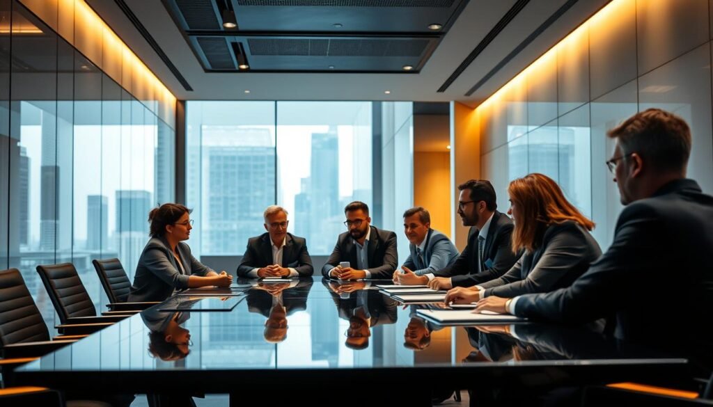 A strategic and innovative business landscape, with dynamic executives collaborating at a high-tech boardroom table. Sleek modern architecture frames the scene, infusing it with a sense of progress and forward-thinking. Muted color palettes and clean lines convey an atmosphere of professionalism and efficiency. Subtle lighting casts a warm, focused glow, highlighting the intensity of the discussions. The executives appear deeply engaged, their expressions reflecting a blend of concentration and creative energy as they shape the future direction of the organization. An air of possibility and innovation permeates the environment, setting the stage for transformative strategies and groundbreaking solutions.