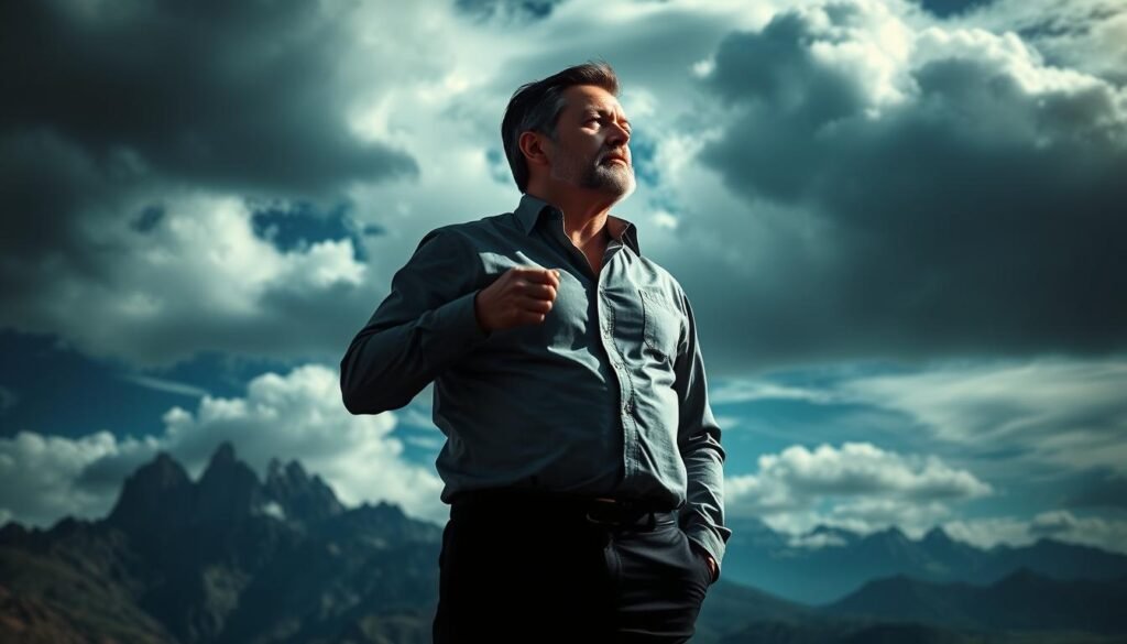 A strategic leader stands tall, gazing into the distance, their expression resolute. The background is a dynamic landscape, with towering mountains in the distance and swirling clouds overhead, conveying a sense of change and transformation. The lighting is dramatic, casting long shadows and highlighting the leader's determined features. The composition is balanced, with the leader positioned centrally, surrounded by a sense of forward momentum and possibility. The overall mood is one of vision, adaptability, and the ability to navigate complex challenges.