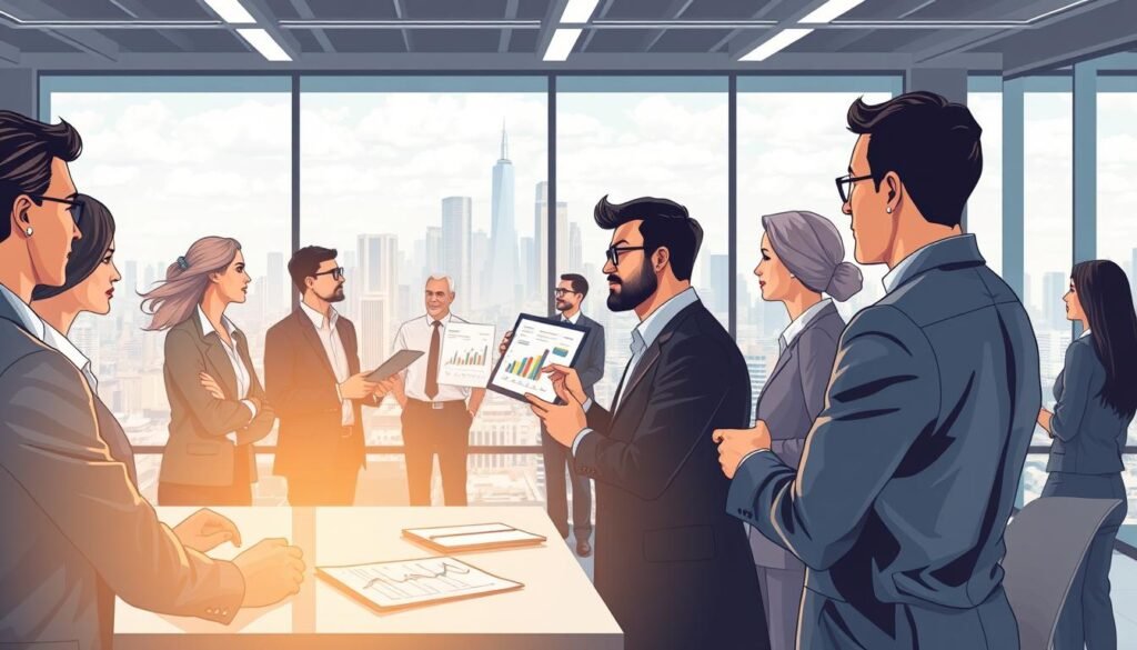 A strategic leadership models illustration showcasing a group of diverse business professionals collaborating in a modern, well-lit office setting. Prominent figures in the foreground engage in animated discussions, their expressions conveying a sense of purposeful decision-making. The middle ground features individuals presenting data visualizations on sleek, high-resolution displays. In the background, an expansive cityscape provides a dynamic, urban backdrop, emphasizing the global, interconnected nature of strategic leadership. The overall scene radiates a tone of innovation, synergy, and a relentless pursuit of organizational excellence.