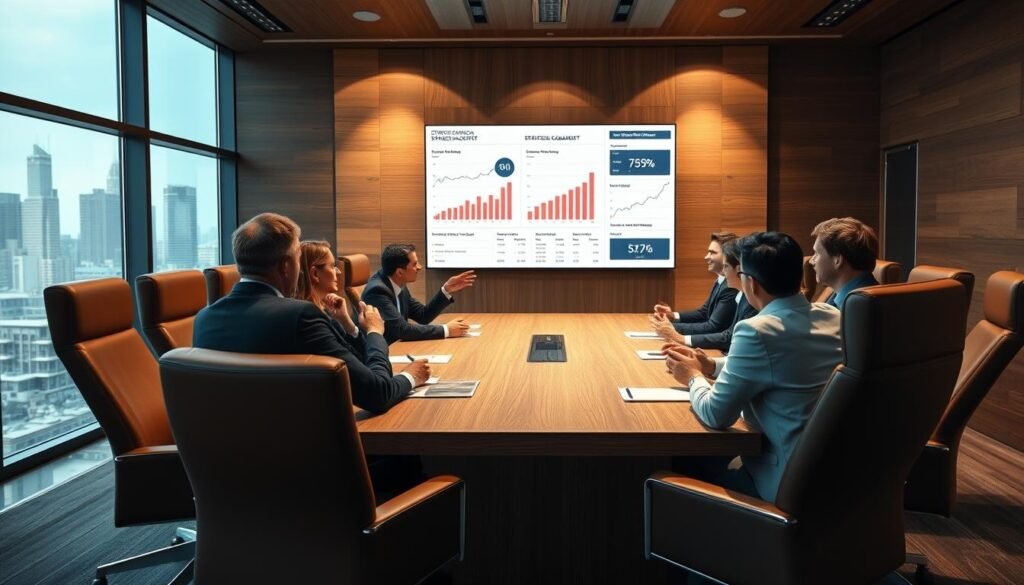 A strategic management boardroom with a large oak table, surrounded by high-backed leather chairs. Executives in formal attire sit engaged in a lively discussion, gesturing towards a wall-mounted display showcasing market data and performance metrics. Soft, directional lighting illuminates the scene, casting a warm, professional atmosphere. The background features floor-to-ceiling windows overlooking a bustling cityscape, symbolizing the dynamic, competitive environment. An air of thoughtful consideration and measured decision-making permeates the space, reflecting the challenges and solutions of strategic management.