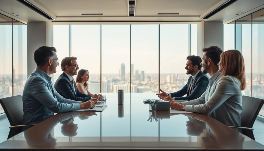 A strategic management meeting in a modern, well-lit corporate office. The foreground features a diverse group of business executives around a polished conference table, engaged in a lively discussion. The middle ground showcases sleek, minimalist decor with geometric architectural elements, conveying a sense of professionalism and innovation. The background depicts a panoramic cityscape view through floor-to-ceiling windows, bathed in warm, natural lighting. The overall atmosphere is one of focused collaboration, dynamic problem-solving, and a commitment to elevating industry standards.