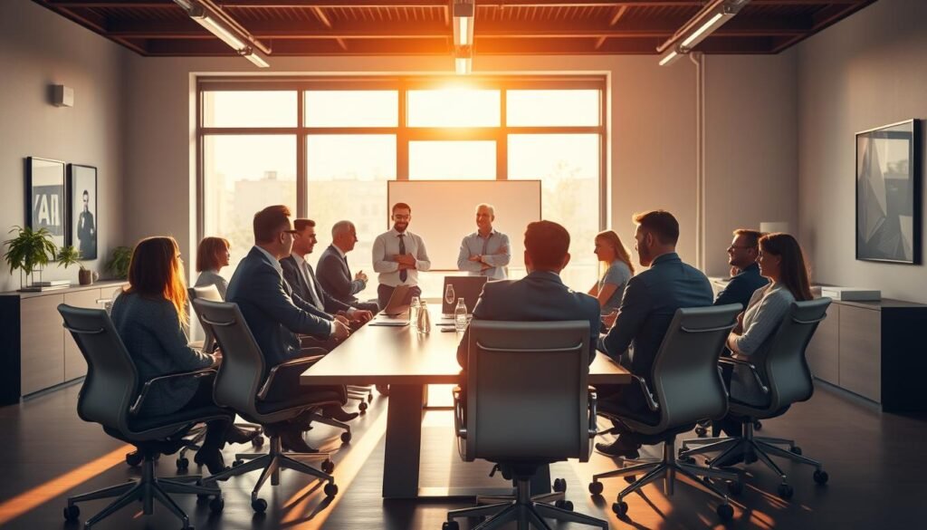 A vibrant and dynamic boardroom scene, illuminated by warm, natural lighting filtering through large windows. In the foreground, a group of business executives engaged in a lively discussion, their body language and facial expressions conveying a sense of active collaboration and decision-making. The middle ground features a sleek, modern conference table surrounded by ergonomic chairs, creating an atmosphere of professionalism and efficiency. In the background, minimalist décor and artwork on the walls suggest a clean, contemporary aesthetic, complementing the overall tone of corporate leadership and strategic management. The scene evokes a sense of purposeful leadership, clear communication, and a commitment to excellence in enterprise certification and evaluation.