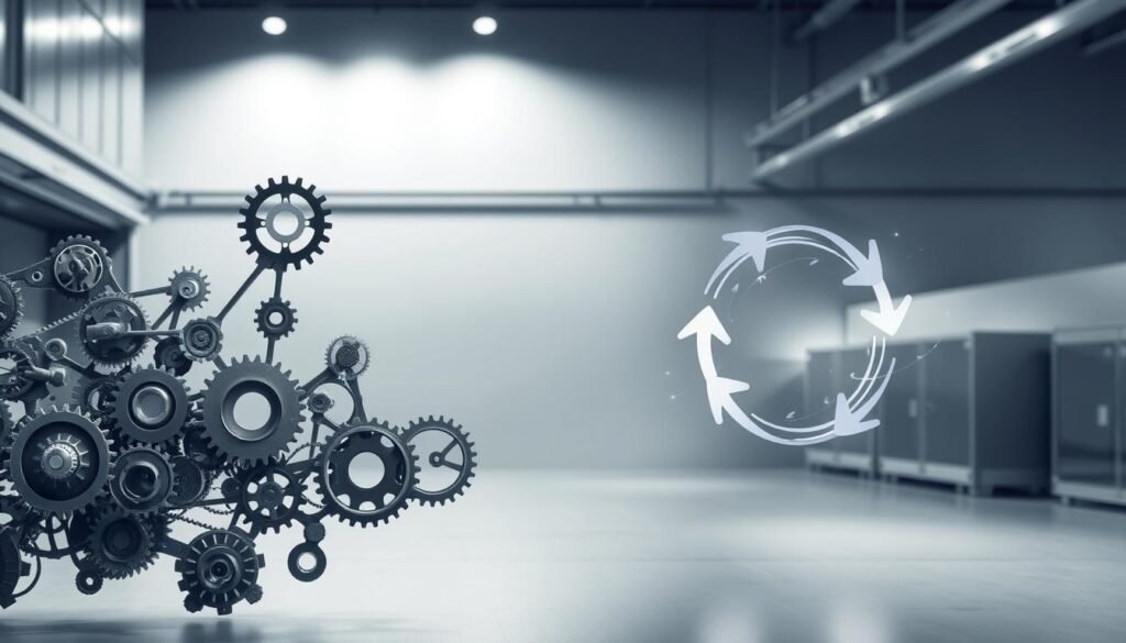 A visually striking illustration of "Integração de Processos e Melhoria Contínua". In the foreground, a dynamic network of interconnected gears, cogs, and machinery, symbolizing the seamless integration of various processes. The gears effortlessly mesh and turn in harmony, representing the optimization and synchronization of workflows. In the middle ground, an abstract representation of a continuous improvement cycle, with arrows and dynamic elements flowing in a perpetual loop, conveying the notion of ongoing refinement and evolution. The background features a clean, minimalist industrial landscape, with sleek metallic surfaces and soft, directional lighting, evoking a sense of efficiency and innovation. The overall composition should convey a balanced, cohesive, and visually appealing representation of the concept of "Integração de Processos e Melhoria Contínua".