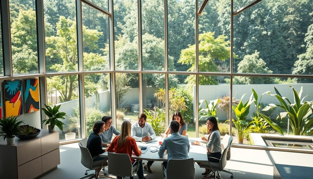 An elegant corporate office with large windows overlooking a lush, verdant landscape. Sunlight streams in, creating a warm, inviting atmosphere. In the foreground, a team of diverse professionals collaborate at a sleek, modern conference table, engaged in a lively discussion. The walls are adorned with vibrant, abstract art pieces that inspire creativity. In the background, a serene indoor garden with thriving plants and a tranquil water feature, symbolizing a harmonious balance between nature and innovation. The overall scene conveys a dynamic, forward-thinking workplace culture that fosters collaboration, idea-sharing, and entrepreneurial spirit.