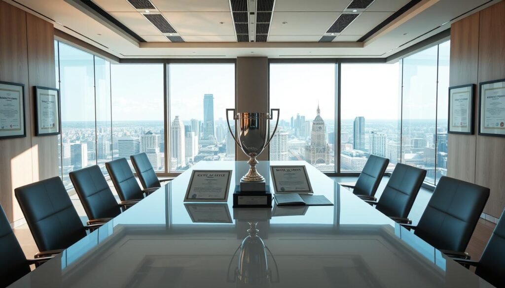 An expansive, sun-drenched office space, with a large, polished conference table at the center. Sleek, minimalist chairs surround the table, exuding an air of professionalism and sophistication. On the table, a gleaming silver trophy and several certification documents, symbolizing the company's commitment to quality and excellence. The walls are adorned with framed certificates and awards, casting a warm, authoritative glow over the scene. Through the panoramic windows, a cityscape of skyscrapers and bustling streets can be seen, underscoring the organization's position as a leader in its industry. The overall atmosphere conveys a sense of transparency, accountability, and a relentless pursuit of the highest standards.