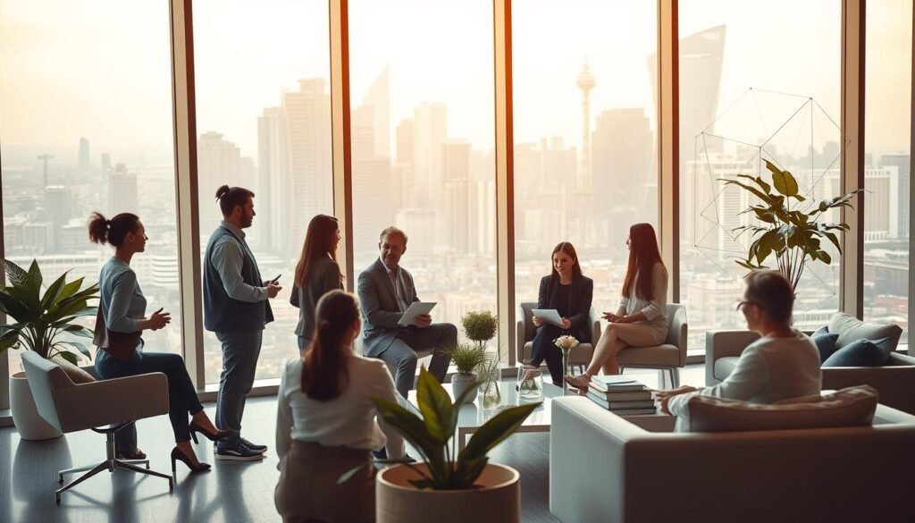 Elegant and harmonious corporate office setting with large windows overlooking a vibrant city skyline. In the foreground, a diverse group of business professionals engaged in a collaborative meeting, discussing inclusive management models and continuous improvement strategies. Soft, natural lighting filters in, creating a warm, welcoming atmosphere. The middle ground features sleek, modern furniture and decor, reflecting a commitment to innovation and progress. In the background, abstract, geometric shapes and patterns symbolize the interconnectedness of the organization's sustainable practices. The overall composition conveys a sense of inclusivity, teamwork, and a forward-thinking approach to responsible business leadership.